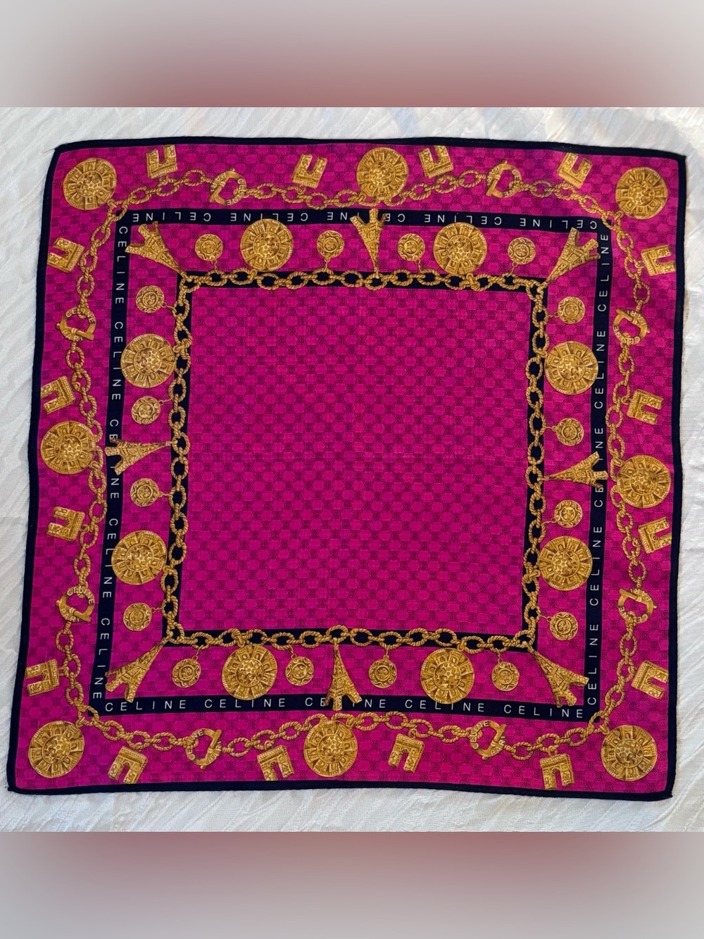 Authentic Celine Fuchsia & Gold Chain Motif Cotton Scarf 19x19